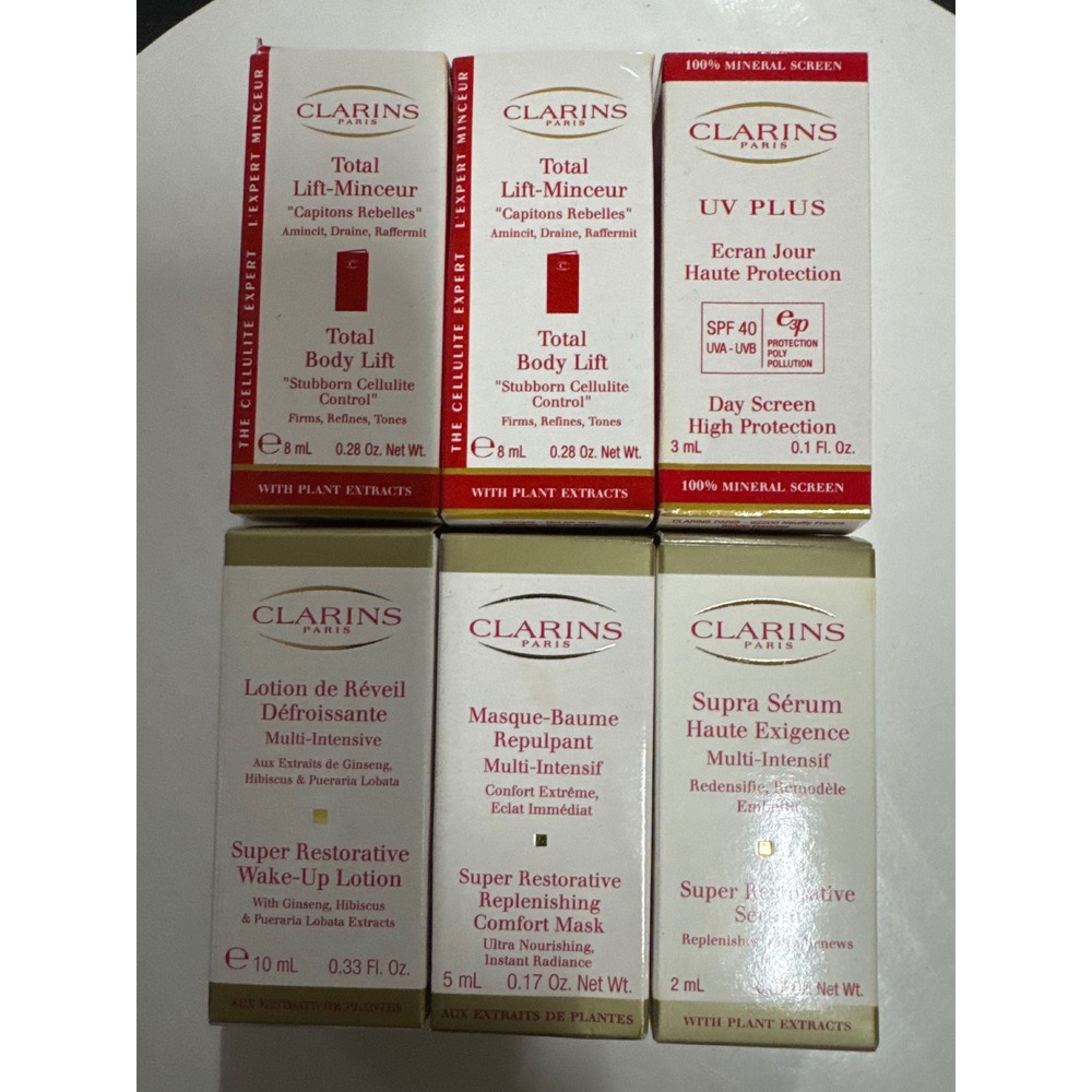 Clarins Paris Skincare Set Total Body Lift UV Plus Restorative Lotion Mask Serum